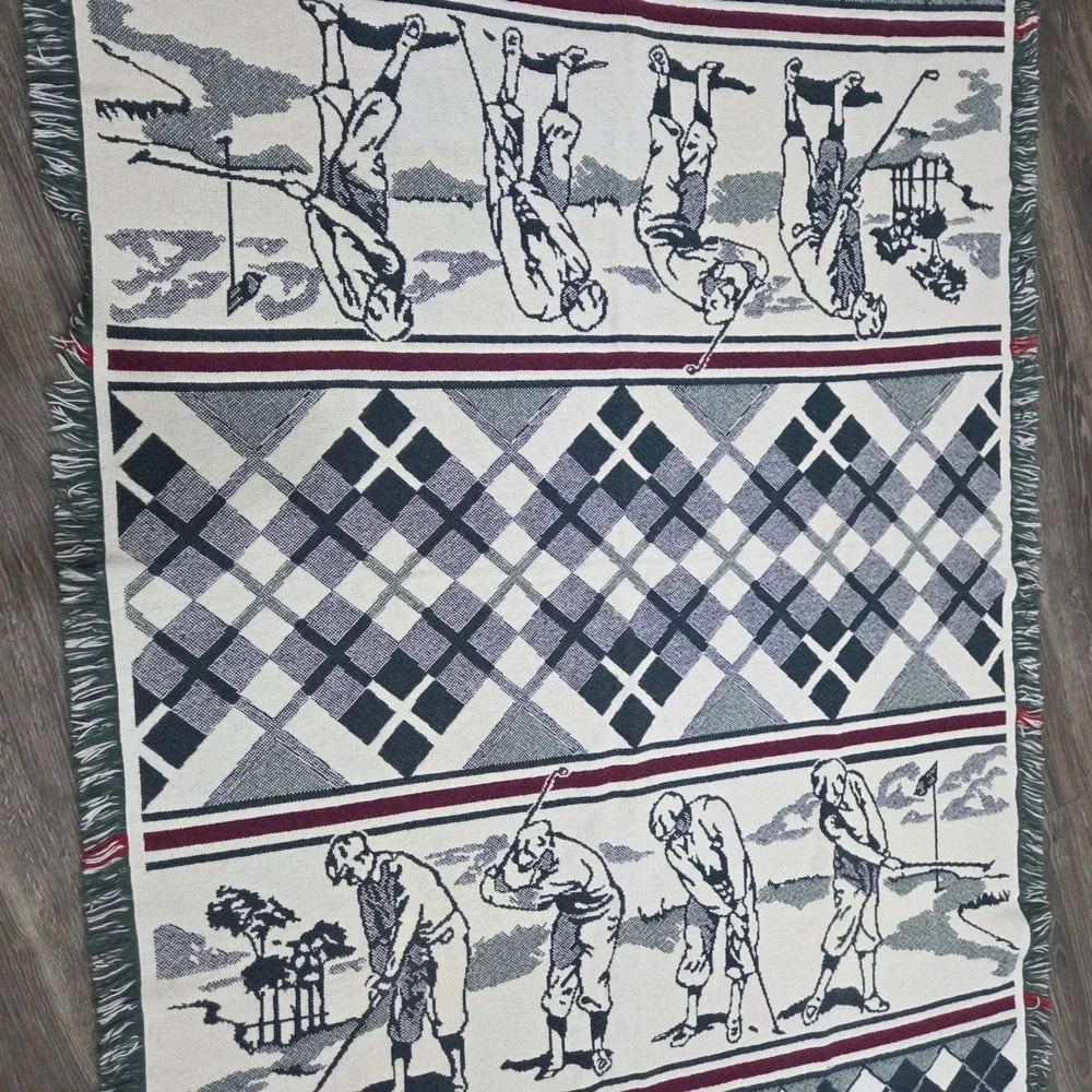 Vintage Golf Tapestry Throw Blanket Argyle Woven‎ Fringe Excellent Country Club